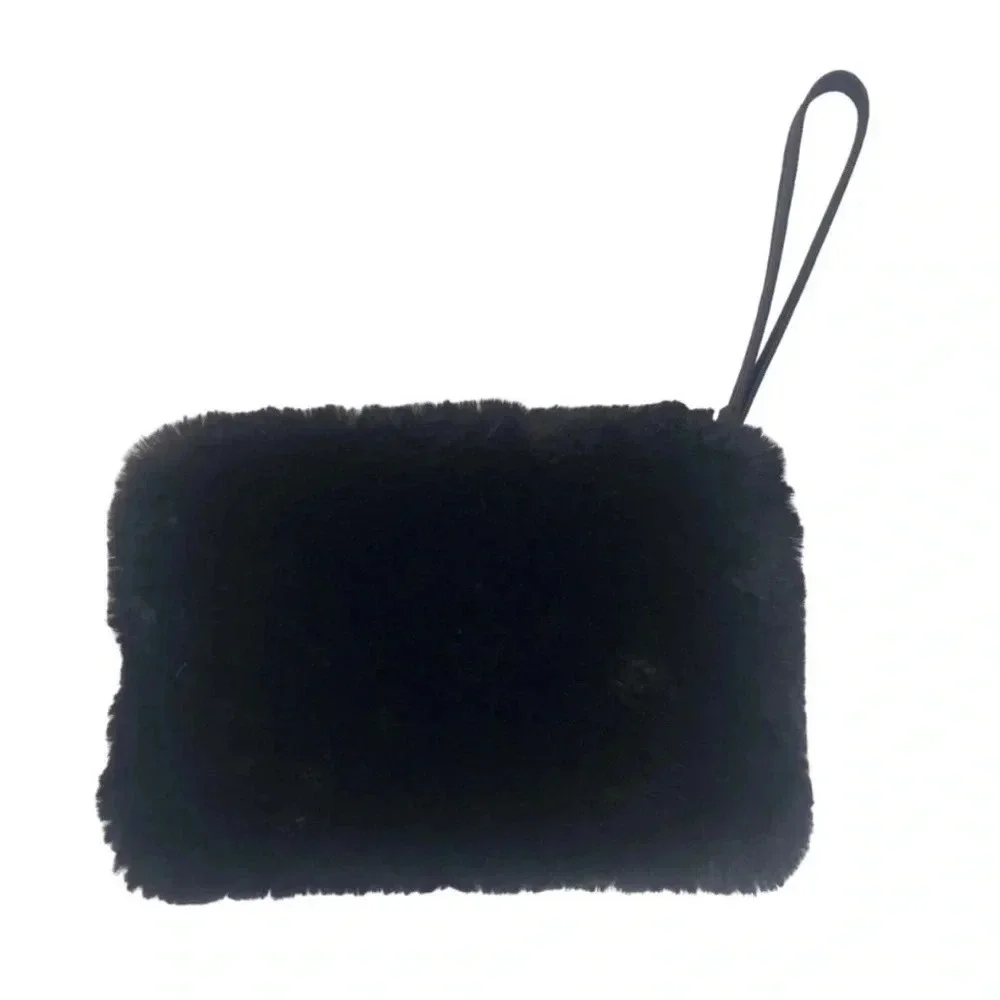 House of Harlow 1960 Black Plush Faux FurZip Wristlet Purse Bag Pinup NWT